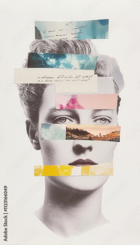 Poster surreal vertical collage featuring human portrait with abstract elements and textual layers