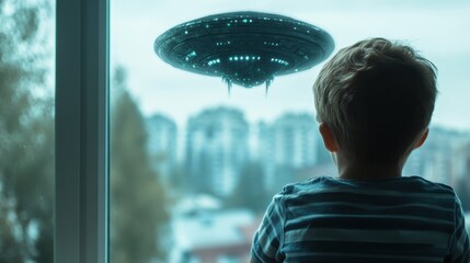 A child views a UFO through a window amidst high-rise buildings, creating a scene of curiosity and...