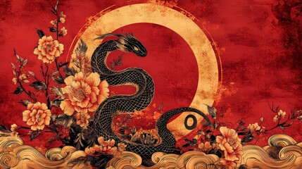 Naklejka premium Symmetrical snake silhouette coiled at base of circular border, adorned with golden waves and floral accents, set on red background for bold cultural aesthetic.