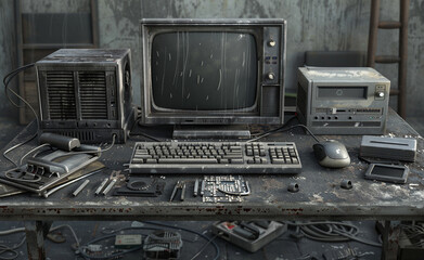 Dirty old computer desk, outdated technology. Neutral background.