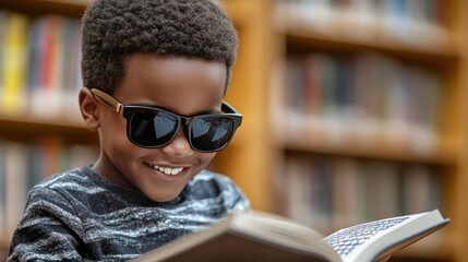 A visually impaired boy wearing sunglasses is reading a Braille textbook in the library with a bright smile.