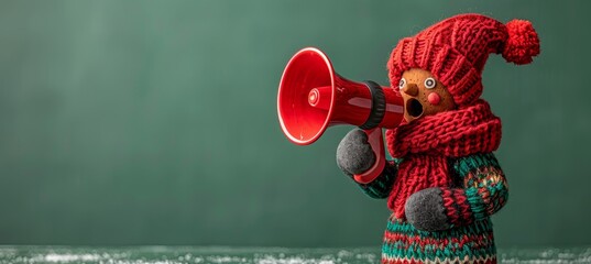 3d gingerbread man with megaphone on vibrant green background for holiday promotion space