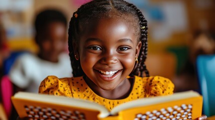 A visually impaired girl excitedly reading a Braille book in a classroom setting