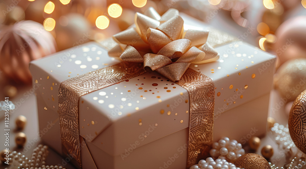 Poster a golden and cute 3d rectangular gift box with a bow, and various interesting elements surrounding t