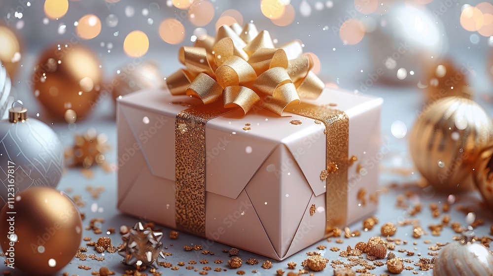 Poster a golden and cute 3d rectangular gift box with a bow, and various interesting elements surrounding t