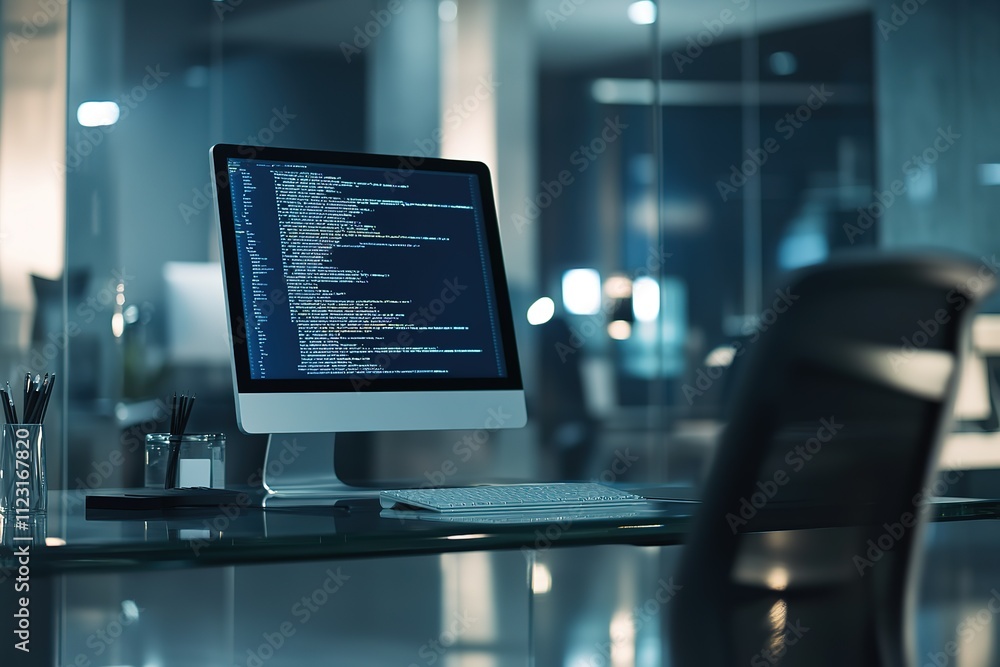 Poster a computer monitor with a black screen and a keyboard is on a desk