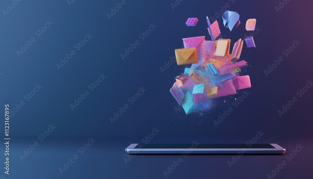 Poster digital tablet with floating colorful icons representing communication and cyber monday shopping con