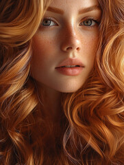 Naklejka premium A striking portrait showcasing natural beauty, featuring a woman with red hair, freckles, and captivating eyes. The soft curls and flawless skin create an enchanting and warm aesthetic.