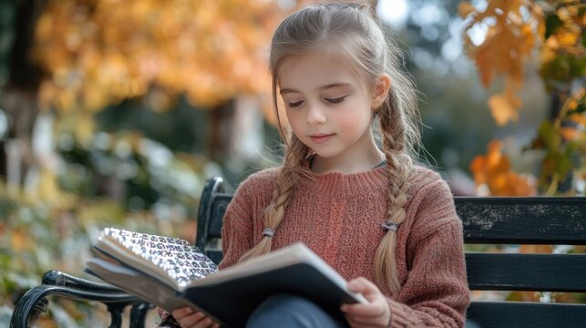 A young girl with visual impairment reading Braille on a park bench, enjoying the moment