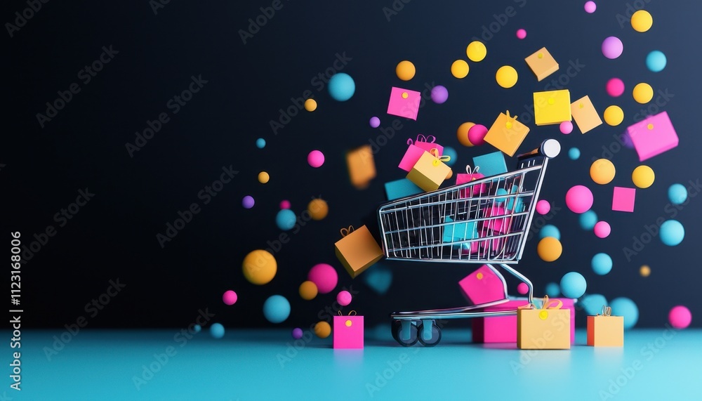 Poster colorful shopping cart surrounded by floating 3d boxes and balls on a dark background