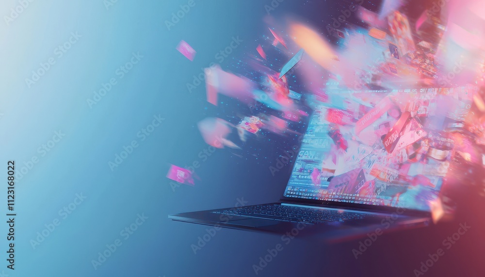 Poster colorful visual interface of desktop computer with abstract digital elements exploding from a laptop