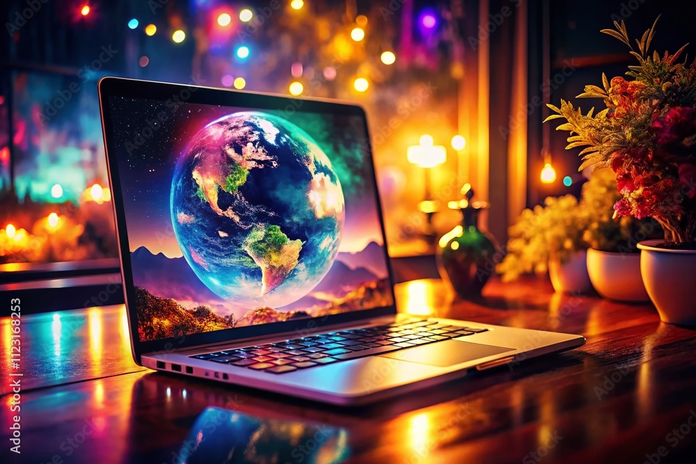 Poster vintage style photography of a laptop displaying a digital world with neon lights, capturing the fus