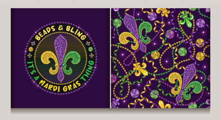 Seamless Mardi Gras pattern, label with strings of beads, streamer ribbons, coins, trinket, Fleur de Lis sign. Randomly scattered objects. Text Beads Bling Mardi Gras thing