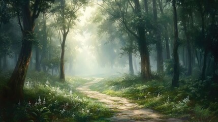 Fototapeta premium Sunlit path winding through a mystical forest, morning mist.