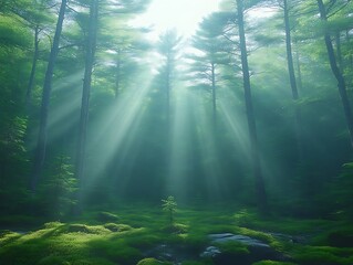 Obraz premium Sunbeams Illuminate Misty Green Forest With Young Tree