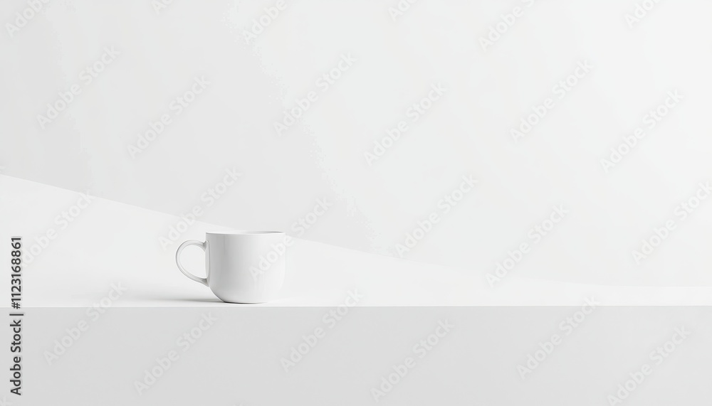 Poster minimalist composition of a single coffee mug on a soft white surface with subtle geometric backgrou