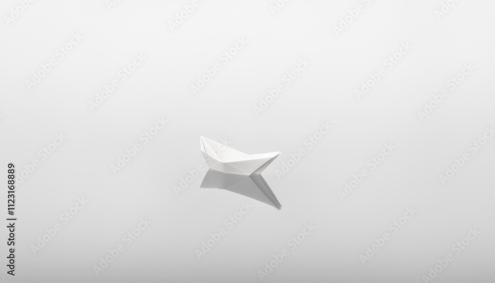 Poster minimalist single paper boat floating on smooth surface with soft reflection in neutral background