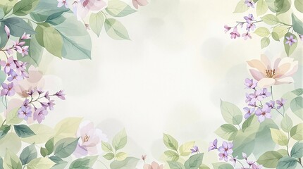 Abstract floral background with green leaves and lavender flowers in watercolor, botanical, lavender flowers, delicate