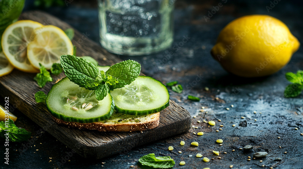 Poster fresh cucumber and lemon slices garnished with mint on a wooden board in a rustic setting