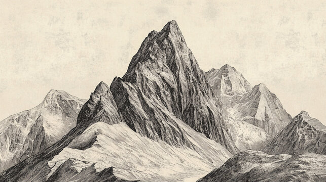 Detailed vintage-style engraving of a rugged mountain peak, drawn in retro woodcut style