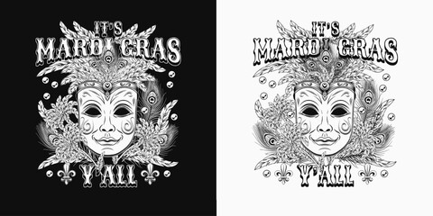 Mardi Gras monochrome label. Emblem with carnival venetian face mask with bundle of feathers, scattered beads, text. Vintage holiday composition.