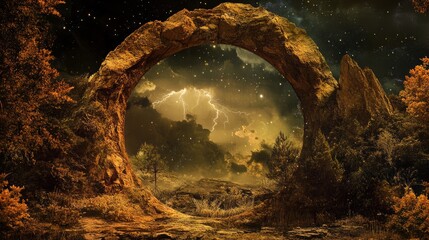Fototapeta premium Stone archway portal to stormy landscape.