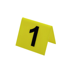Crime scene investigation. Set of evidence identification markers on white background. Crime scene investigation. Yellow marker number 1  for identification of evidence on white background.