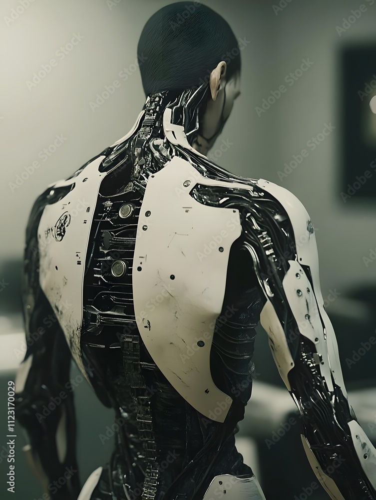 Poster a futuristic humanoid robot showcasing intricate mechanical design and cybernetic features.