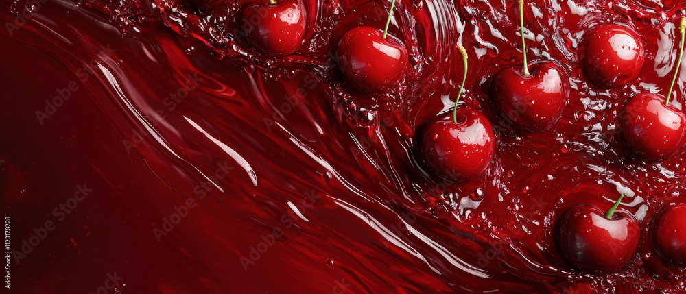 Poster fresh cherries splashing into vibrant red liquid create dynamic scene