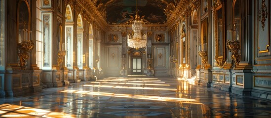 Fototapeta premium Magnificent and Ornate Interior of a Historical Palace Hall with Lavish Decor Luxurious Furnishings Ornate Chandeliers and Elegant Marble Flooring