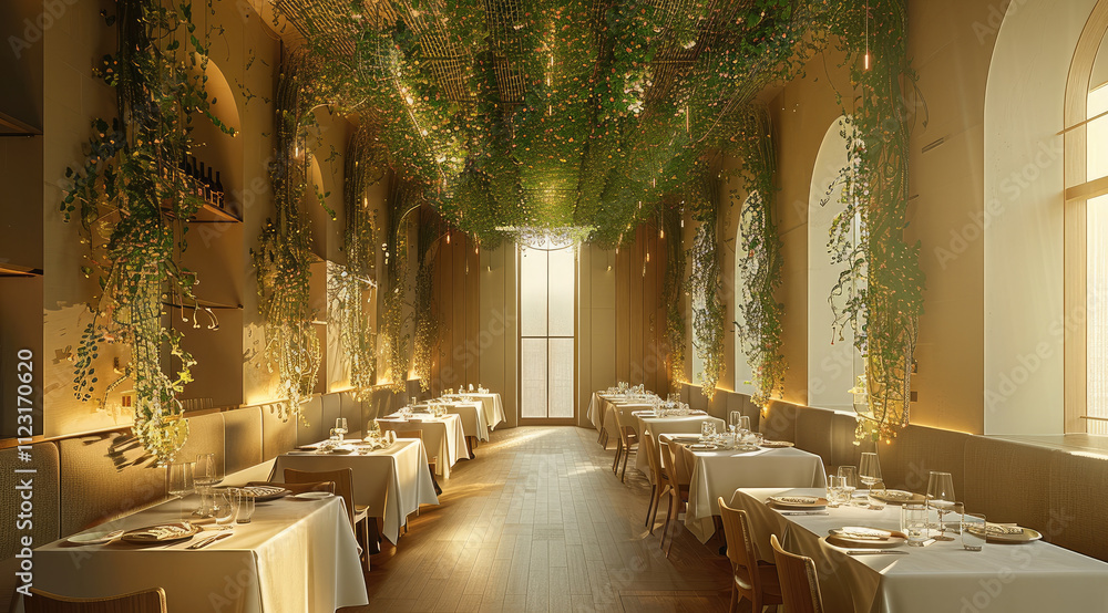 Aufkleber a restaurant room with vines on the ceiling. banquet tables in a row and golden light throughout the