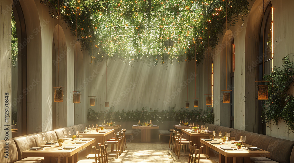Poster a restaurant room with vines on the ceiling. banquet tables in a row and golden light throughout the