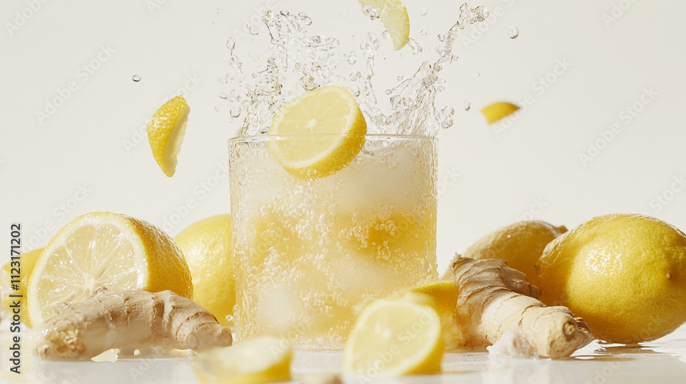 Poster refreshing ginger lemonade with lemon slices and ginger roots on a bright surface