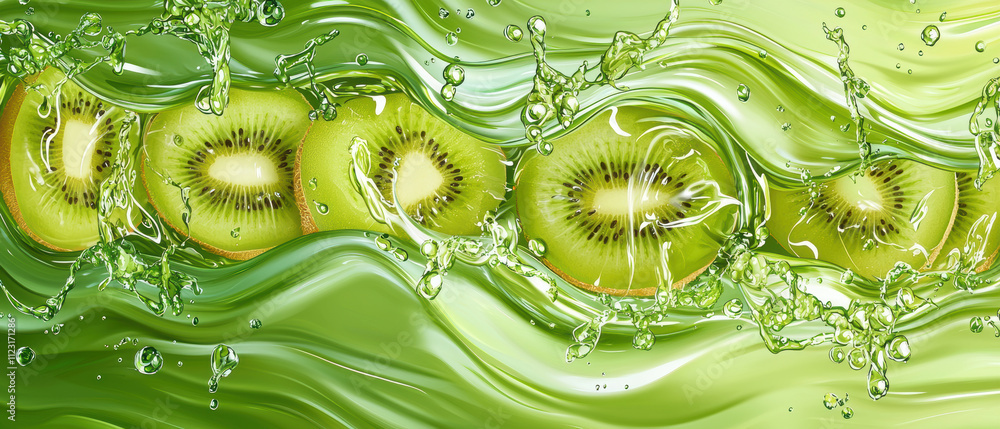 Poster fresh kiwi slices splashing in vibrant green water, creating lively and refreshing scene