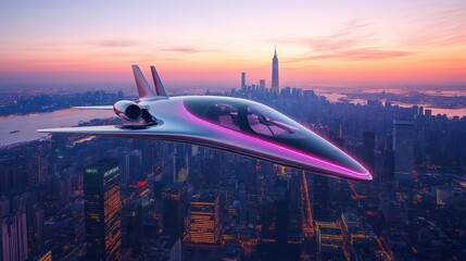Fototapeta premium Futuristic jet plane flying over a city skyline at sunrise.