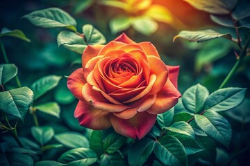 Vintage Style Photography of a Vibrant Orange-Red Rose with Lush Green Leaves in Soft Focus, Evoking Nostalgia and Timeless Beauty in Floral Artistry
