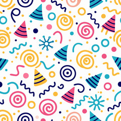 Colorful hand-drawn seamless pattern with party hats, spirals, and confetti on white background.