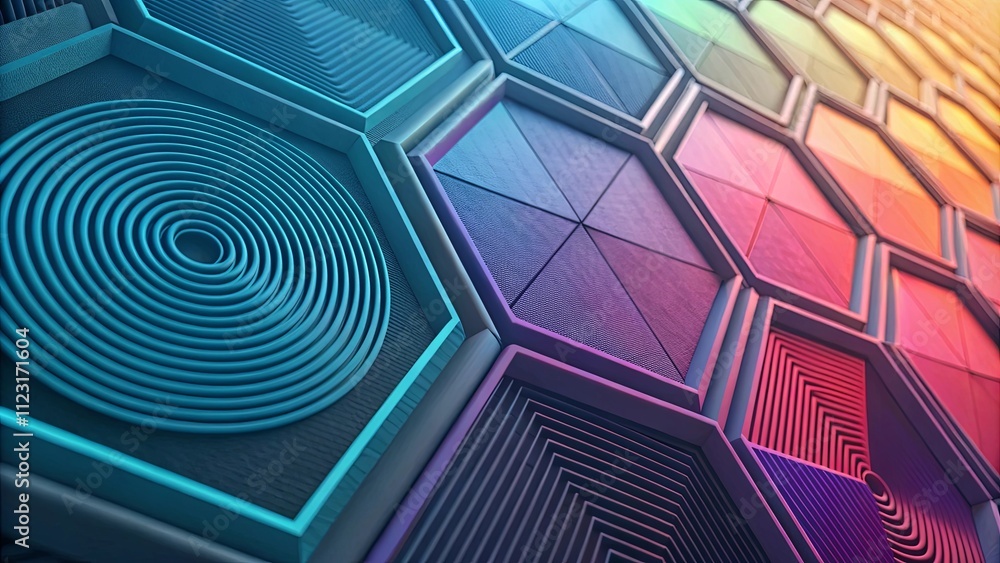 Poster A colorful hexagonal pattern with a blue circle in the middle