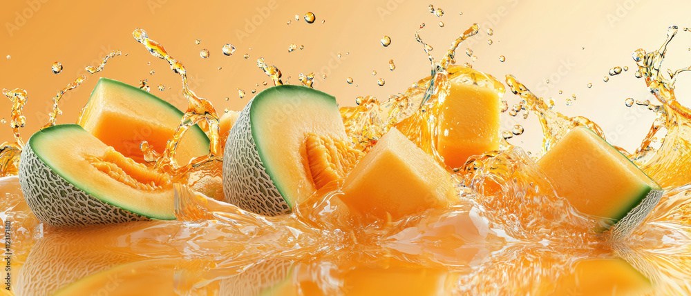 Poster fresh cantaloupe chunks splash in vibrant juice, creating refreshing scene