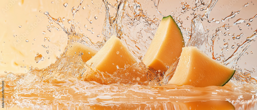 Poster fresh cantaloupe chunks splash into water, creating vibrant and refreshing scene