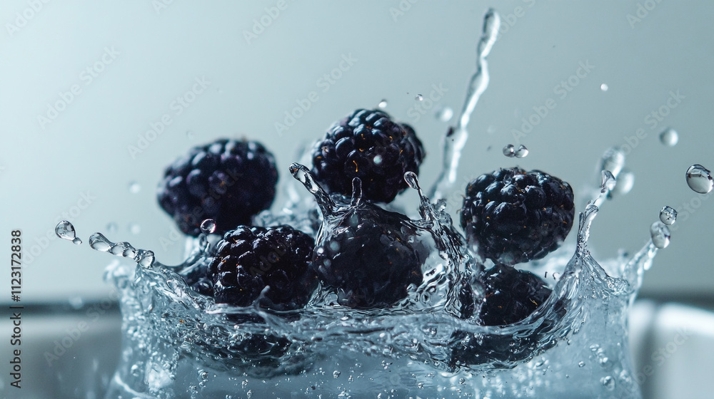 Poster blackberries splash into clear water creating dynamic droplets and ripples