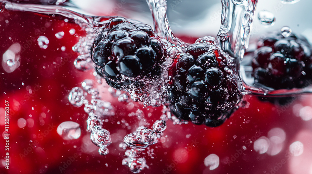 Poster berries splashing in bubbly water with vivid red background in a bright setting