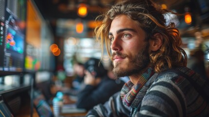 Fototapeta premium Young Man with Long Hair Contemplating Data on Screens
