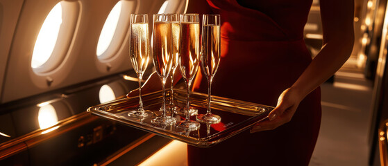 Luxurious champagne service on private jet, showcasing elegance and sophistication