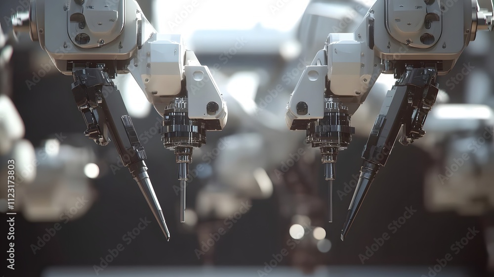 Poster close-up of robotic arms with precision tools, showcasing advanced automation technology.
