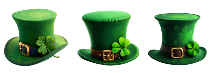 Green St. Patrick's Day Hats with Shamrock Decorations in a Row isolated on a white background