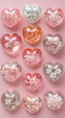 Fototapeta premium Valentine's Heart-Shaped Resin Ornaments Showcase Creative Display Home Decor Romantic Setting Aesthetic Viewpoint