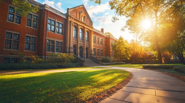 Sunny autumn day at a brick university building.  A paved path leads to the entrance.