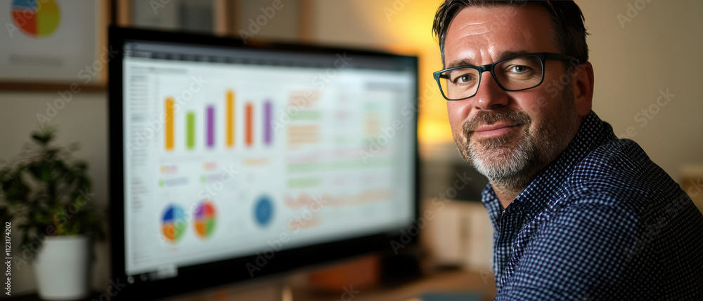 Poster professional man smiling while analyzing marketing dashboard data large screen, showcasing vibrant g
