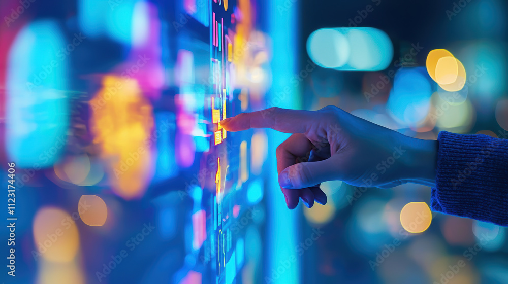 Aufkleber hand interacting with colorful digital display, showcasing vibrant lights and patterns. scene convey